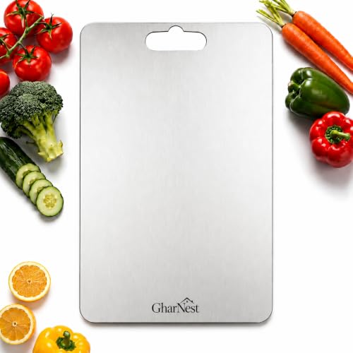 Image of GharNestStainless Steel Cutting Board with Handle, 32 x 21.5 cm, Scratch Resistant, Anti-Slip, Hygienic for Vegetables, Fruits & Meat (Medium)