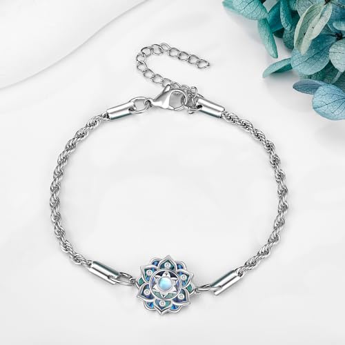 ONEFINITY Moonstone Lotus Bracelet 925 Sterling Silver Abalone Shell Lotus Flower Bracelets Yoga Jewelry Gifts for Women Mom3