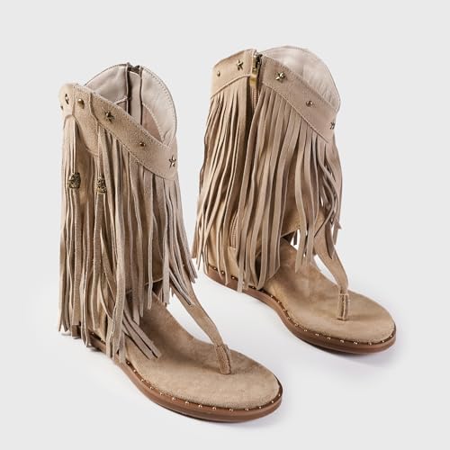 Image of Women's Bohemian Tassel Gladiator Sandals Brown Suede Thong Flip Flops for Fringe Summer Wedge Heel Sandal with Rivets Western Shoes