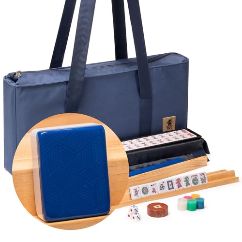 Yellow Mountain Imports American Mahjong Set, Indigo Tides - Blue Soft Case, 4 All-in-One Racks with Pushers, Wright Patterson Scoring Coins, Dice, & Wind Indicator