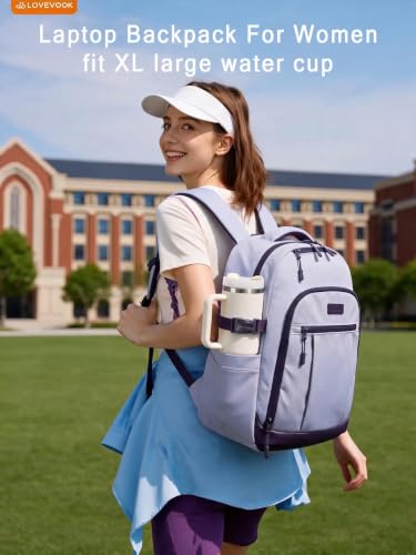 Image of LOVEVOOK Laptop Backpack for Women, Waterproof Work Travel Backpack with Large Cup Pockets for Teacher Nurse, 17.3 inch Computer Bag College Bookbag Daypack, Gifts for Women, Light Purple