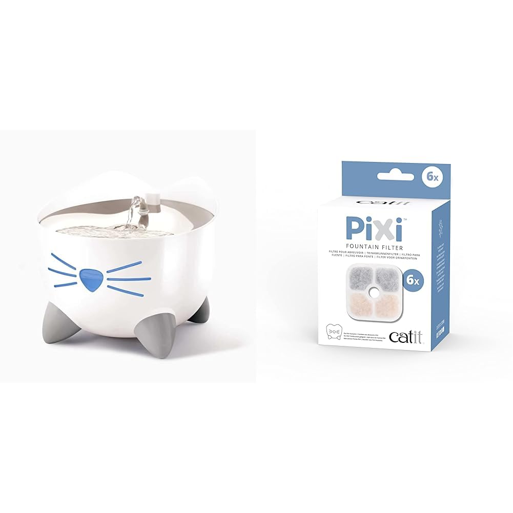 Catit Pixi Bebedero Fuente Inteligente para Gatos, 2 l, Blanca & Pixi Filtro para bebederos Fuente, 6 Unidades