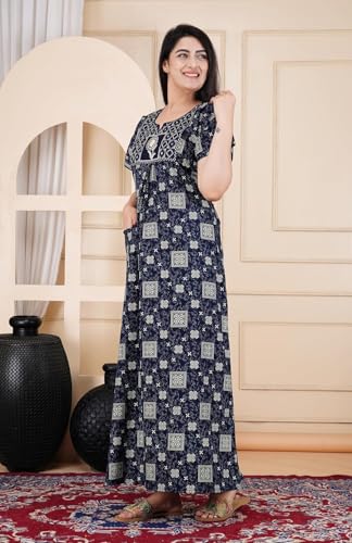 Image of DIAMO Pure Cotton Embroidery Nighty for Women, Night Gown for Woman, Cotton Nighty for Women, Maxi Night Gown Nighty with a Pocket and Adjustable Knot (Free Size)