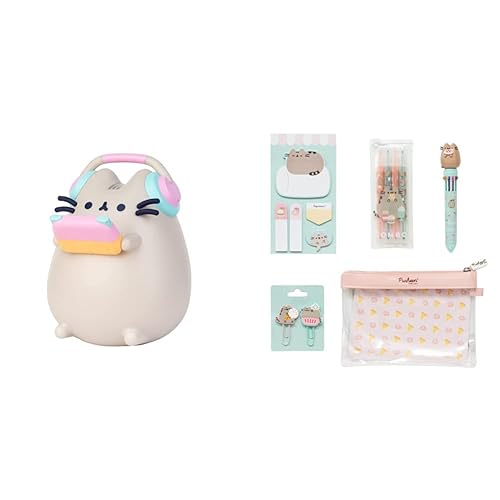Grupo Erik Nachtlampe Kinder - Nachtlicht Katze Pusheen - 11x16x7 cm Schreibtisch Lampe & Schreibwaren Set Pusheen Foodie - Kugelschreiber 10 farben - Federmäppchen Groß - Büroklammern