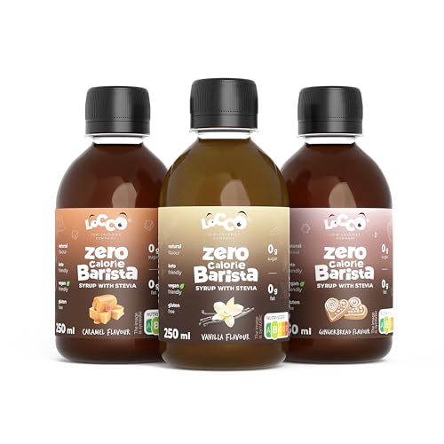 Locco Calorie Free Barista Syrup with Stevia | Vegan, Keto, Gluten Free | Sugar Free | Coffee Syrup | Zero Calories | Vanilla, Caramel, Gingerbread | 3x250