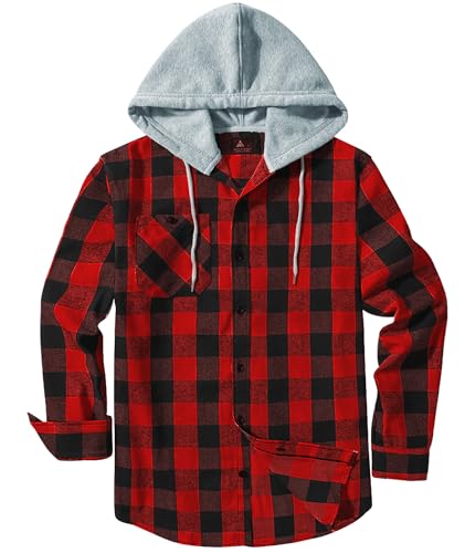 JACKETOWN Men's Flannel Long Sleeve Hoodie Shirts Casual Button Down Plaid Shirt Jackets Stylish with Pocket Red - image 1