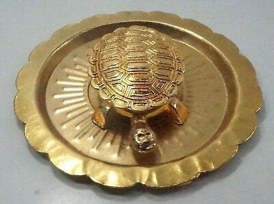 Feng Shui Golden Tortoise Brass Tortoise with Flower Shape Plate Feng Shui Turtle Small Size Set Kachua
