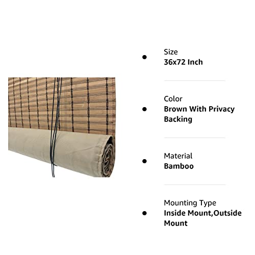Seta Direct, Brown Bamboo Slat Roll Up Blind With Privacy Backer Liner - 36-Inch Wide By 72-Inch Long #TOP4