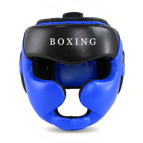 Fashowlife Leatherette Boxing Headgear, Training Sparring Safety Head Guard for Karate, Muay Thai, MMA, Kickboxing Trainees Adjustable Strap for Men & Women, Blue