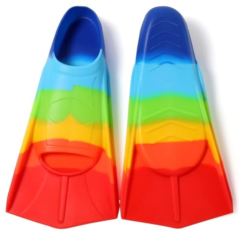 Image of Kids Swim Fins,Youth Swimming Training Flippers for Lap Swimming and Short Fins for Child, Youth Beginner Rainbow XS