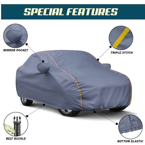 Image of Waterproof Car Body Cover for Crusier Hyryder All Weather Protection Comes with Inner Cotton Lining & Triple Stitched with Mirror & Antenna Pocket Belt & Elastic Fit Grey with Yellow Piping2