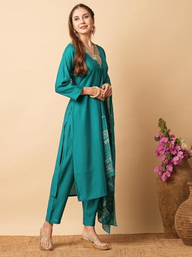 Image of Naixa Women's Chanderi Viscose Embroidered Straight Kurta with Pant and Dupatta Sets (NX-S-Amayra)