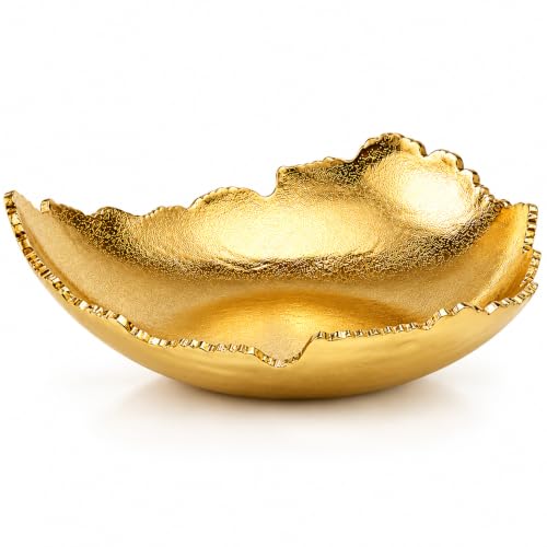 12 Inch Premium Decorative Antique Gold Hammered Torn Metal Centerpiece Bowl, Sculpted Leaf Edges Coated Golden Allure Aluminum Platter Modern Table Accent, Home Kitchen Dining Room Textured Display