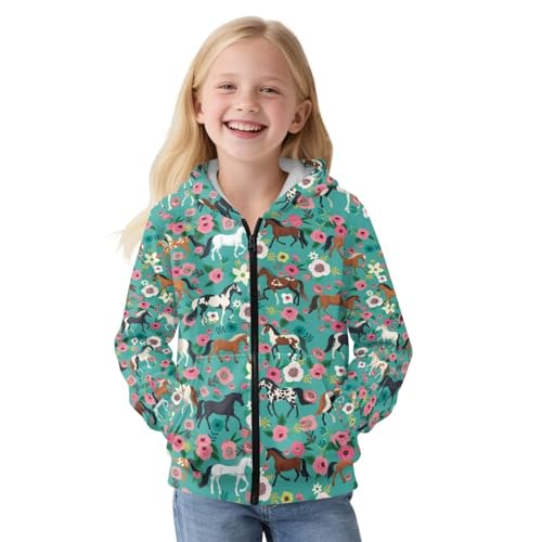 Upetstory Floral Horse Clothes for Girls Zip Up Hoodies Size 8-10 Boys Fashion Sweatshirt Kids Long Sleeve Hoody Jackets with Pockets Outdoor Sports Hiking Cycling Running Holiday Outfit