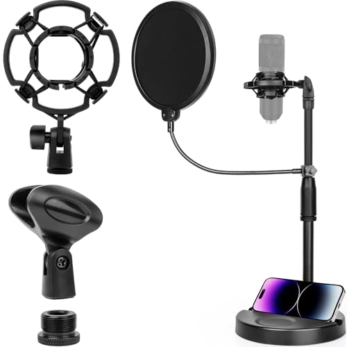 ChromLives Soporte de Micrófono de Escritorio Ajustable con Pop Filter,Soporte Antisísmico,Clip Micrófono y Adaptadores Roscados Metálicos de 3/8 "a 5/8" para Grabación/Podcast/Streaming