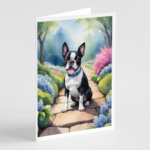 Caroline's Treasures Boston Terrier Spring Path Greeting Cards Pack of 8 Blank Cards with Envelopes Whimsical A7 Size 5x7 Blank Note Cards