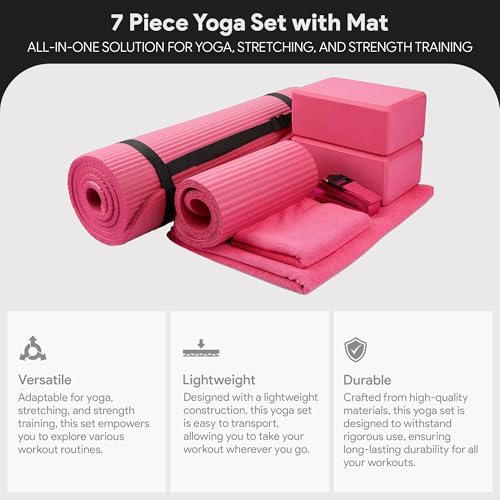 Image of BalanceFrom 7-Piece Yoga Set with 71x24x0.5 Inches Extra Thick Mat and Carrying Sling - Includes 2 Blocks, Stretch Strap, 2 Towels, and Knee Pad for Home, Studio, and Gym Workouts