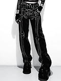 Sarge Dark Academic Bone Print Jeans Femmes Gothique Squelette Taille Basse Denim Pantalon Pull Noir Pantalon Droit Style Punk M
