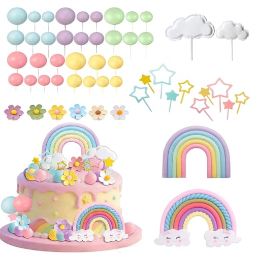 38 Pack Rainbow Cake Topper, Rainbow Themed Cake Decoration, Cake Decorations For Birthday Wedding Party Supplies