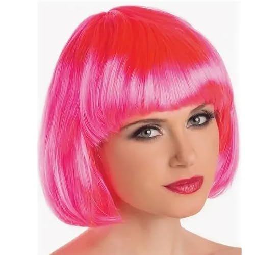 Corto Lacio Pelucas Sintética Flat Flequillo Heat Resistente Normal Peluca, Peluca Rosa, Recta Corta Peluca de Anime Cosplay, Pelucas de Color Neón para Carnaval de Mujer y Niñas