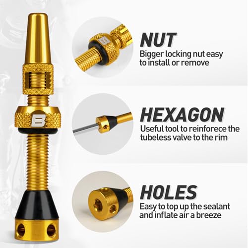 Image of BWSHLF Tubeless Presta Valve Stem 40 /44 /55 /60 /65 /80 /100 mm, Super Light Alloy Presta Valve Stem Kit with Valve Core Remover Tool and Valve Stem Caps - Multiple Color and Size Options(Pair)