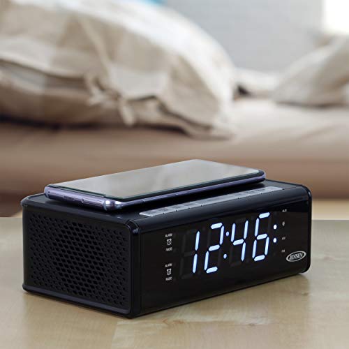 Jensen Qicr-200 Dual Alarm Clock Radio With Qi Charging, White, 9.40In. X 5.00In. X 3.00In. #TOP4