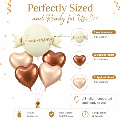 Image of Wanna Party Happy Anniversary Candy Shape Foil Balloon Set of 5 for Celebration Decoration | Candy Balloon with 2 Copper Heart Balloons & 2 Caramel Nude Heart Balloons | Helium Supported Party Decor