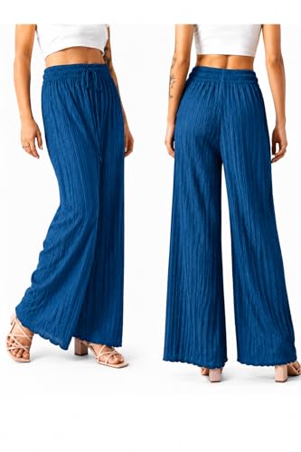 Image of Ebifin Women Pleated Palazzo Pants, Elastic Waist, Free Size, Casual Summer Wide Leg Trousers, Flowy Lightweight Lounge Pants for Travel, Vacation