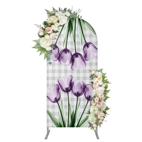 Arch Backdrop 5 Ft, Purple Tulip Spandex Stretch Fitted Arch Cover, Round Top Chiara Arches Stand Backdrop Cover for Wedding Birthday Party Baby Shower Farmhouse Luxury Flowers Grey Checkered