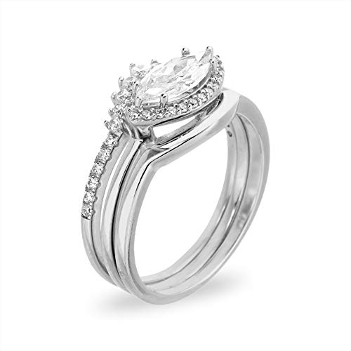 TwoBirch 18k White Gold Microplated East West Marquise Three Ring Bridal Set with Plain Contour Band and Tiara Prong Style Curved Ring (925 Silver, Sizes 7, 8, 9)2