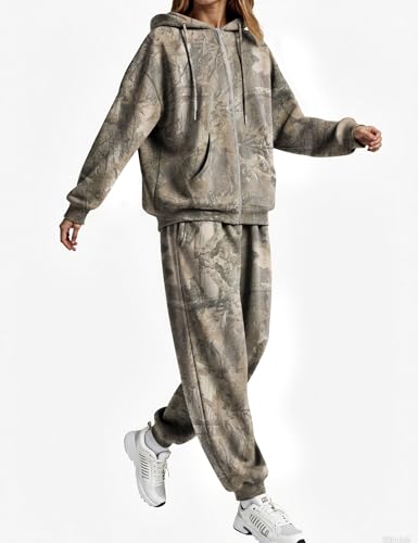 Meladyan Womens Camo 2 Piece Outfits Oversized Maple Leaf Print Hoodies Camo Sweatsuits Sweatshirt Lounge Sets2