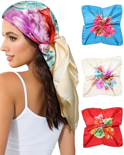 AWAYTR 35" Satin Hair Scarf Set of 3 - Hair Bandana, Head Wrap, and Neck Scarf for Women (Red/Blue/Beige)