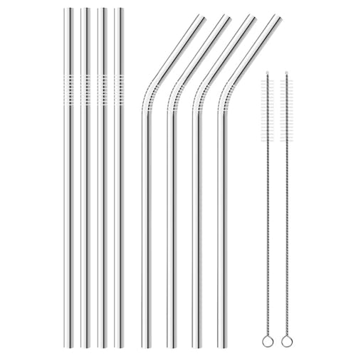 WOLMIK Stainless Steel Straws - 8 PCS Reusable Metal Straws Drinking, 300 MM Eco-Friendly Stainless Steel Drinking Straws for Cocktail, Milkshake, Cold & Hot Drinks - 4 Straight + 4 Bent + 2 Cleaners
