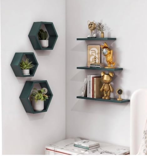 Image of Hexagon Wall Shelves Set of 6 | Wooden Floating Wall Shelf for Home Decor | Honeycomb Design Wall Rack for Living Room, Bedroom & Office (Green)