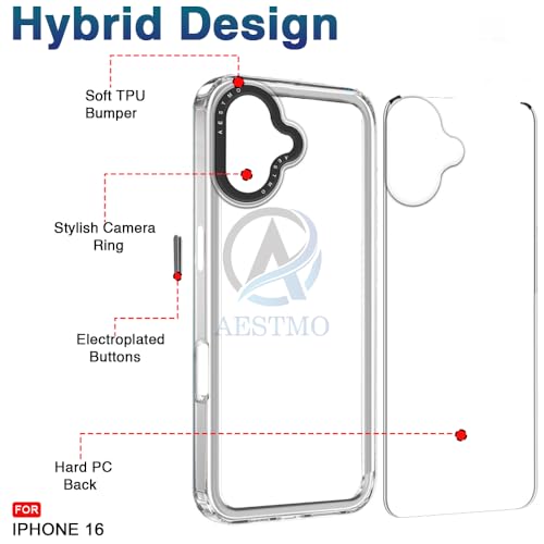Image of AESTMO Back Cover Case for iPhone 16 | Electroplated Buttons | Stylish Camera Border | Crystal Clear Hard Back Cover Case (TPU & PC, Transparent Bumper)