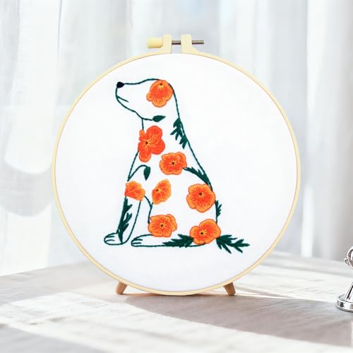 Image of Crafmanoe Flowers Dog Embroidery Kits for Beginners Adults, Hand Embroidery Starter Kits, Stamped Cross Stitch Kits DIY Needlepoint Kit for Beginners Adults, Embroidery Hoop, Thread and Video Tutorial