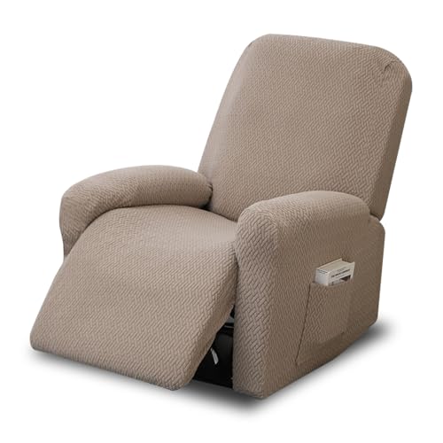 Funda Elástica para Sillón Reclinable, 4 Piezas Fundas Elásticas para Sillones de Relax con Bolsillos, Funda Elástica de Felpa para Sofá Individual, para Sala de Estar(Gris Pardo)
