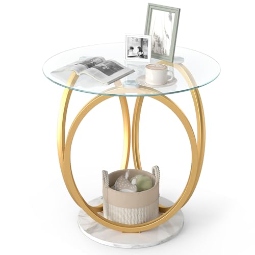 Giantex Round End Table, Faux Marble Sofa Couch Side Table with Tempered Glass Tabletop & Ring Gold Metal Frame, Small Coffee Tables for Decoration, Bedside Night Stand for Bedroom Living Room