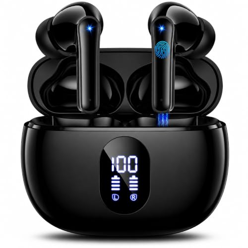 Image of Wireless Earbuds Deep Bass Sound Ear Buds, Bluetooth 5.3 Headphones 48H Playtime, LED Display Earphones with Mic, IPX7 Waterproof Lightweight in-Ear Buds, Touch Control for iPhone TV LaptopJetBlack