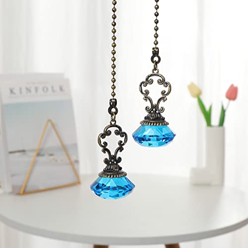 Image of 2pcs Light Blue Crystal Fan Pull Diamond Drop Vintage Pull Chain Ceiling Pull Chain Extender with Connector