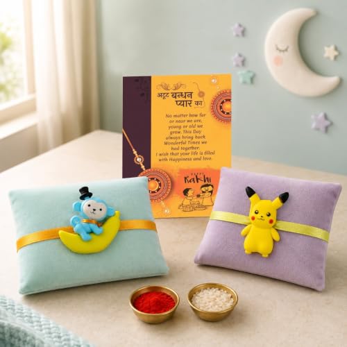 Image of CraftVatika Kids Rakhi for Brother Kids, Rakhi Set of 2 for Brother Sister Girls Boys Baby, Designer Cartoon for Children, Rakshabandhan Fridge Magnet Gift Set with Greeting Card, Tilak Set