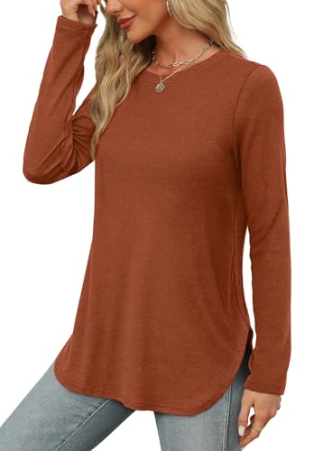 Image of XIEERDUO Womens Long Sleeve Round Neck Shirts Side Split Basic Loose Tunic Tops Casual 2026