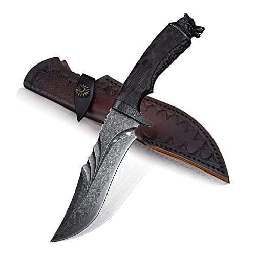 Dcenrun 超高級73層ダマスカス黒刀 【Fenrir・フェンリル】 キャンプ シースナイフ アウトドアナイフ 積層天然木+銅狼尾金のハンドルのサムネイル