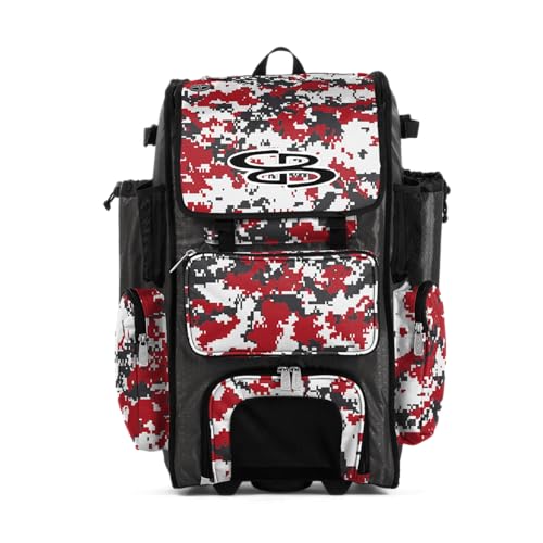 Boombah Rolling Superpack Baseball/Softball Gear Bag - BRSP2CMC23 Digital Camo Charcoal/Red - Telescopic Handle - Holds 4 Bats - Wheeled Version