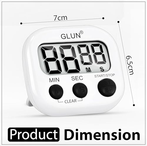 Image of GLUN Digital Kitchen Timer for Cooking, Pack of 1 Big & Clear Digits, Loud Alarm, Magnetic Back, Timer for Baking, Creating Food, White Body & Black Buttons (Random Color)