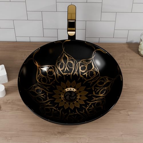 Image of B Backline Ceramic Moroccan Table Top Wash Basin /Counter Top Wash Basin /Bathroom Sink For Bathrooms & Livingroom 41 X 41 X 14 Cm (Black Gold Glossy)