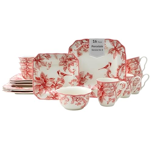 222 Fifth Christmas Lane Red 16-Piece Dinnerware Set for 4- Elegant White Plates and Bowls Sets with Large Mugs & Beautiful Red Decal, Ceramic Dish Set for Holiday Dining, Luxury Dishes for Gifting