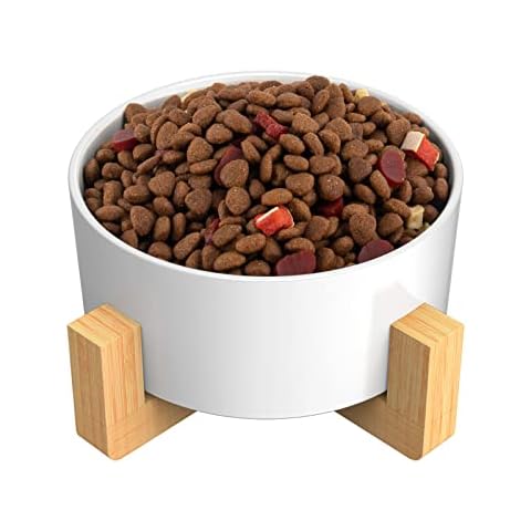 AirCover Ceramic bowl with raised bamboo stand for dogs and cats, can be used as a feeding bowl or water bowl, cat feeding bowl, cat bowl set, non-slip, dishwasher safe (1 x - 400 ml, white) Cover