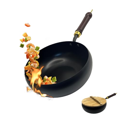 Kenmohuo Hand-Forged Cast Iron Wok Pan, Big Belly Pot with Wood Lid, Uncoated Thick Iron Frying Pan for High Heat Cooking, Non Stick Deep Skillet for Stir Fry & Simmering