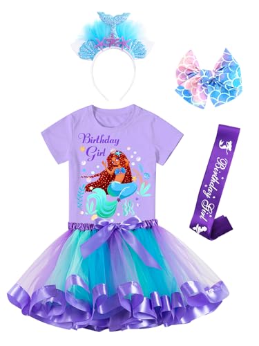 Doctor Unicorn Birthday Girls Mermaid Outfit Set Costume Tutu Skirt Dress, Mermaid Birthday Shirt, Headband & Satin Sash (Purple-2, 5-6 Years)